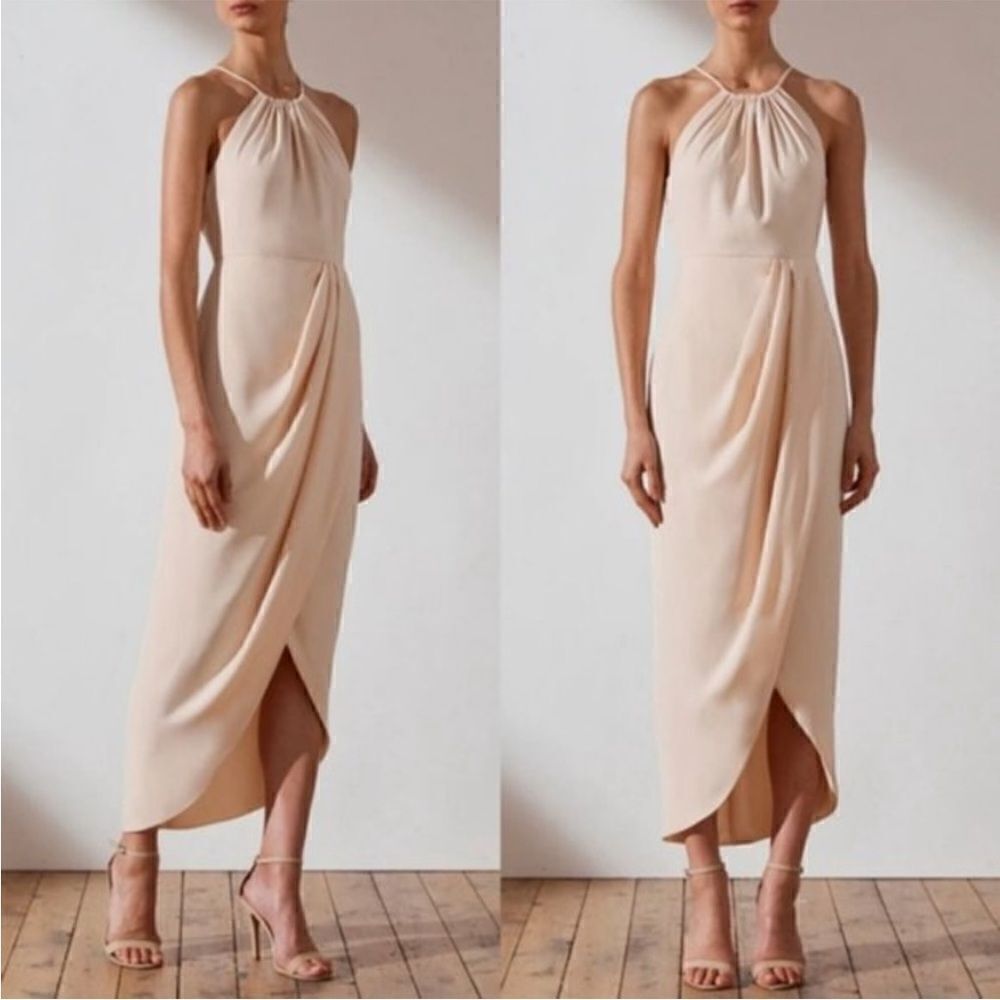 Shona Joy Core High-Neck Ruched Midi Dress Nude